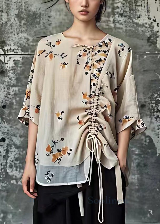 Elegant Apricot Print Lace Up Cotton Blouses Half Sleeve