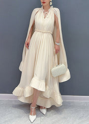 Elegant Apricot Ruffled Patchwork Elastic Waist Chiffon Maxi Dress Summer