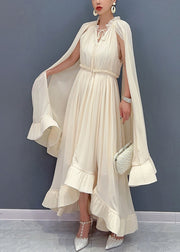 Elegant Apricot Ruffled Patchwork Elastic Waist Chiffon Maxi Dress Summer