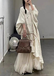 Elegant Beige Asymmetrical Tulle Patchwork Maxi Dress Lantern Sleeve