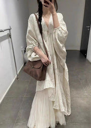 Elegant Beige Asymmetrical Tulle Patchwork Maxi Dress Lantern Sleeve