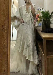 Elegant Beige Asymmetrical Tulle Patchwork Maxi Dress Lantern Sleeve