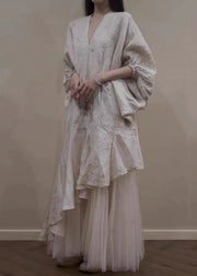 Elegant Beige Asymmetrical Tulle Patchwork Maxi Dress Lantern Sleeve