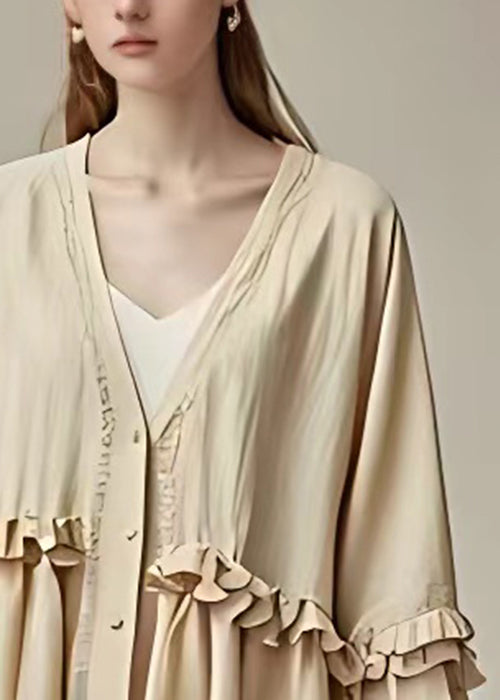 Elegant Beige V Neck Button Ruffled Cotton Coat Butterfly Sleeve