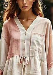 Elegant Beige V Neck Lace Up Patchwork Cotton Tops Fall