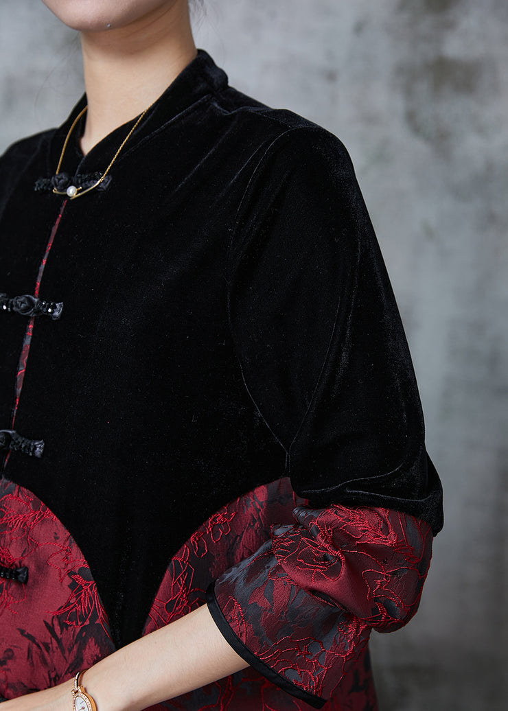 Elegant Black Chinese Button Patchwork Velvet Oriental Coats Fall