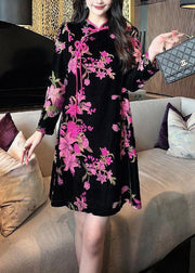 Elegant Black Chinese Button Print Silk Velour Mid Dress Long Sleeve