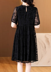 Elegant Black Embroidered Ruffled Silk Dresses Summer