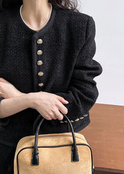 Elegant Black O-Neck Button Woolen Coat Long Sleeve