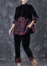 Elegant Black Oversized Patchwork Jacquard Silk Velvet Two Pieces Set Spring