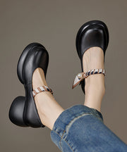 Elegant Black Pearl Splicing Buckle Strap Genuine Leather High Heels