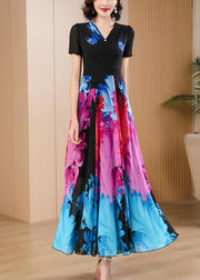 Elegant Black V Neck Print High Waist Chiffon Maxi Dresses Summer