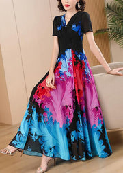 Elegant Black V Neck Print High Waist Chiffon Maxi Dresses Summer