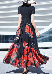 Elegant Black V Neck Print Wrinkled Chiffon Long Dresses Summer