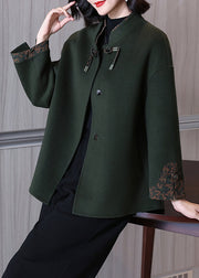 Elegant Blackish Green Solid Button Wool Coat Long Sleeve