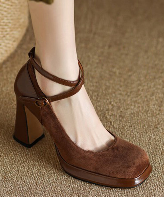 Elegant Brown High Heels Suede Cross Strap Splicing