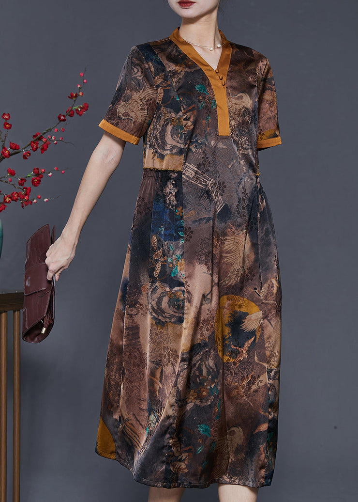 Elegant Brown Print Silm Fit Silk Long Dress Summer