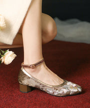 Elegant Coffee Embroidered Buckle Strap Velour Chunky High Heels