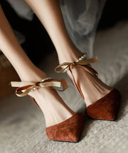 Elegant Coffee Suede High Heels Splicing Beading Bow