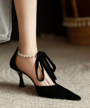 Elegant Coffee Suede High Heels Splicing Beading Bow