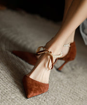 Elegant Coffee Suede High Heels Splicing Beading Bow