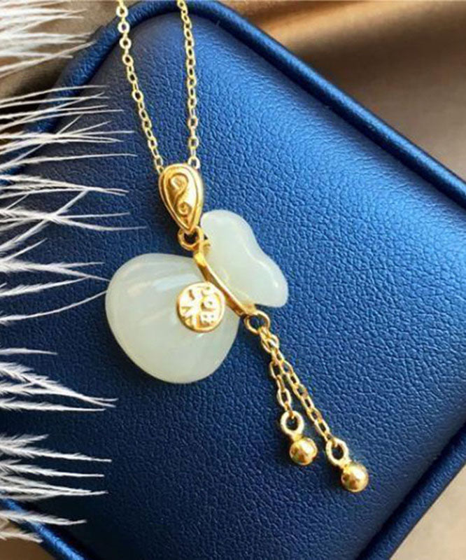 Elegant Gold Alloy Inlaid Jade Fu Zi Tassel Lucky Bag Pendant Necklace