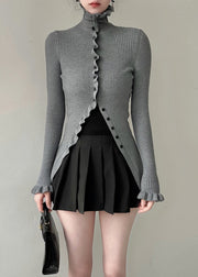 Elegant Grey Turtleneck Button Knit Sweater Butterfly Sleeve