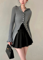 Elegant Grey Turtleneck Button Knit Sweater Butterfly Sleeve