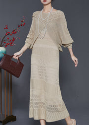 Elegant Khaki Hollow Out Knit Dress Two-Piece Set Spring