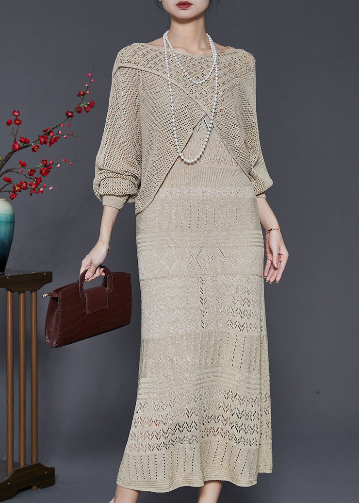 Elegant Khaki Hollow Out Knit Dress Two-Piece Set Spring