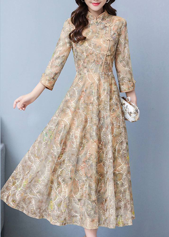 Elegant Khaki Print Exra Large Hem Lace Oriental Dresses Spring