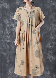 Elegant Khaki Print Pockets Cotton Holiday Dress Summer