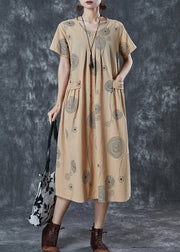 Elegant Khaki Print Pockets Cotton Holiday Dress Summer