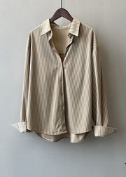 Elegant Mocha Peter Pan Collar Striped Low High Design Button Shirts Long Sleeve