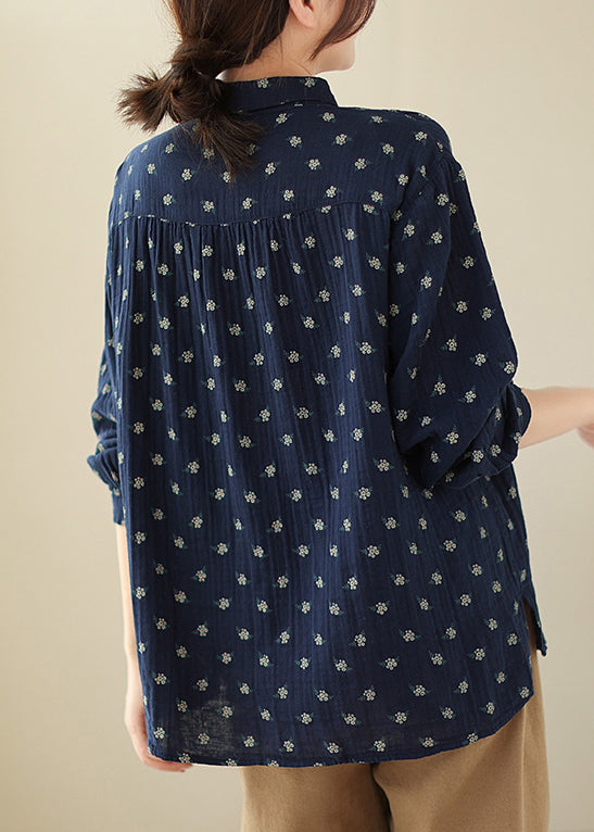 Elegant Navy Button Print Cotton Shirts Long Sleeve