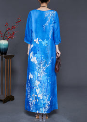 Elegant Peacock Blue Print Side Open Linen Dress Bracelet Sleeve