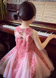 Elegant Pink Bow Nail Bead Patchwork Tulle Baby Girls Princess Dresses Sleeveless