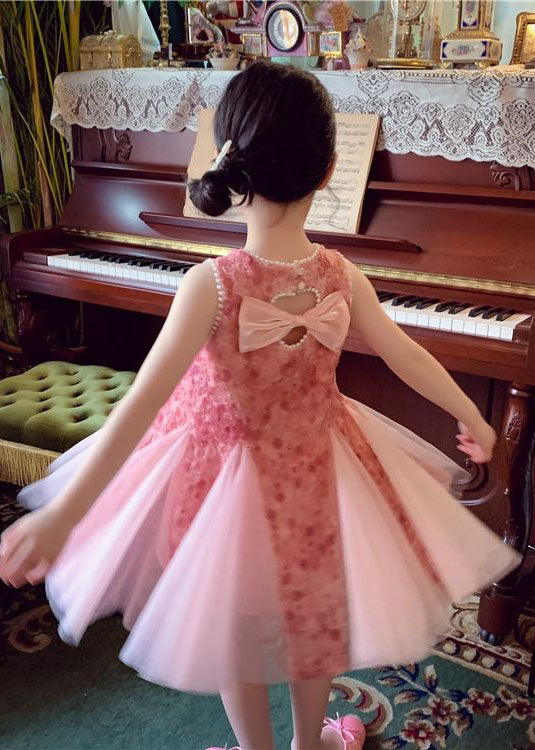 Elegant Pink Bow Nail Bead Patchwork Tulle Baby Girls Princess Dresses Sleeveless