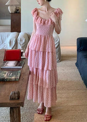 Elegant Pink Ruffled Print Chiffon Long Dress Summer