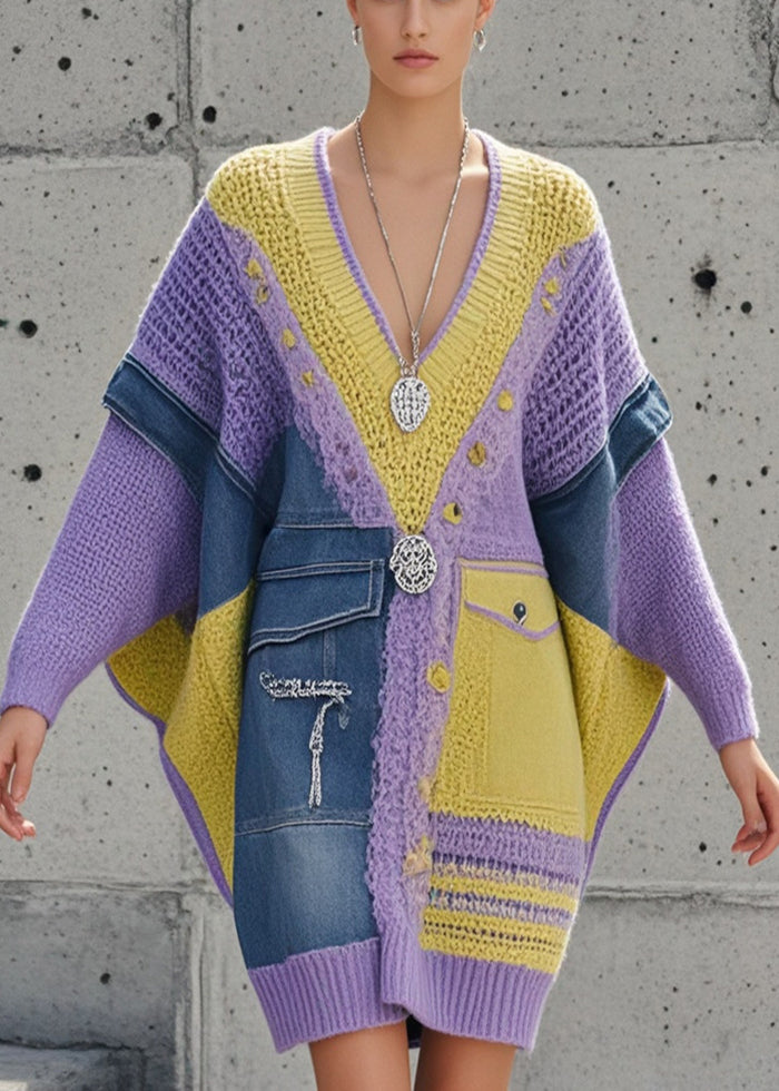 Elegant Purple Asymmetrical Patchwork Denim Long Sweater Batwing Sleeve