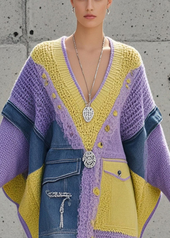 Elegant Purple Asymmetrical Patchwork Denim Long Sweater Batwing Sleeve