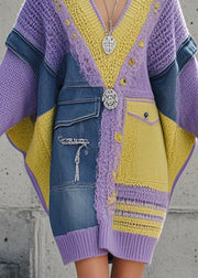 Elegant Purple Asymmetrical Patchwork Denim Long Sweater Batwing Sleeve