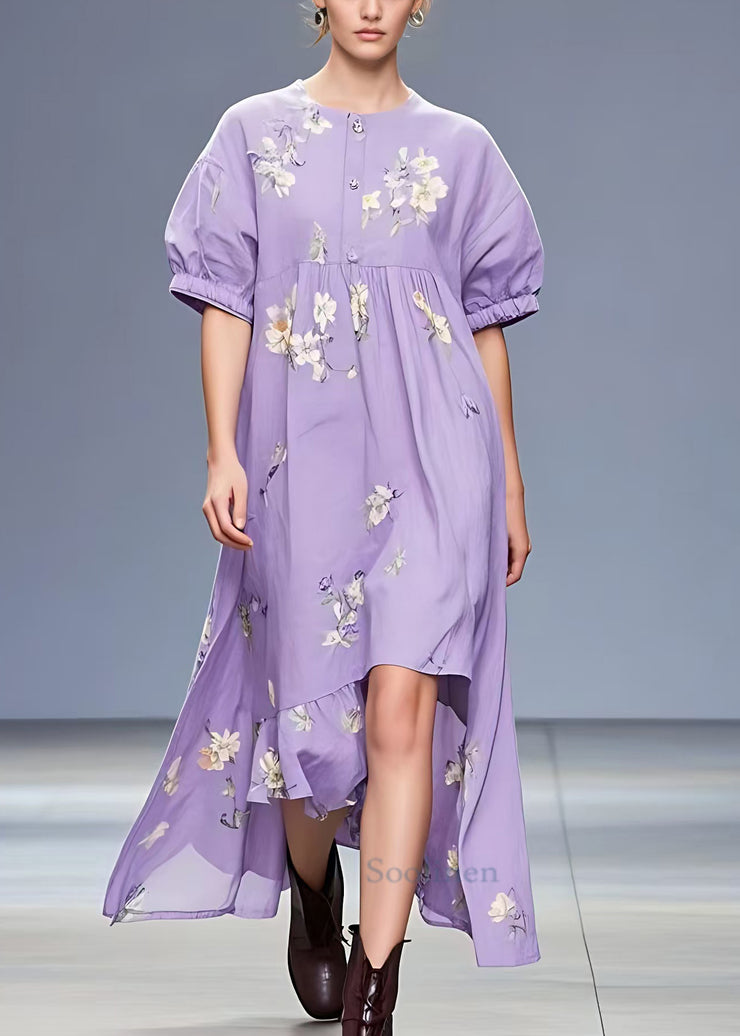 Elegant Purple Print Low High Design Cotton Dress Summer