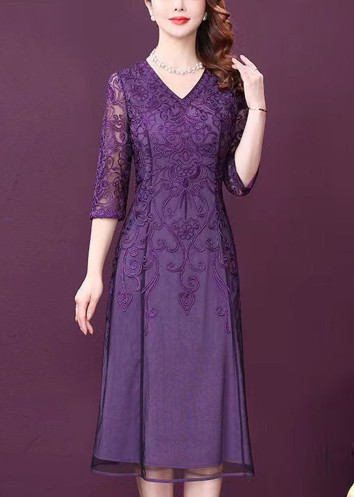 Elegant Purple V Neck Lace Patchwork Tulle Dresses Half Sleeve