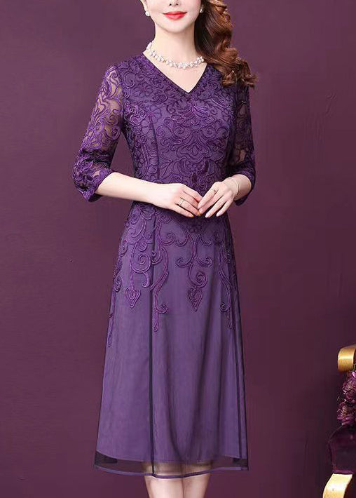 Elegant Purple V Neck Lace Patchwork Tulle Dresses Half Sleeve