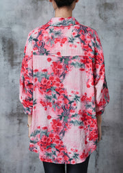 Elegant Red Plum Blossom Print Cotton Shirt Top Spring