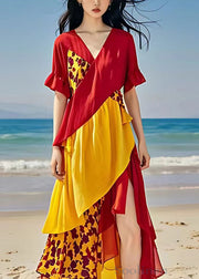 Elegant Red V Neck Print Side Open Cotton Dress Summer