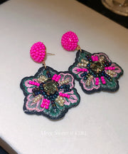 Elegant Rose Hand Woven Alloy Beads Embroidery Floral Drop Earrings