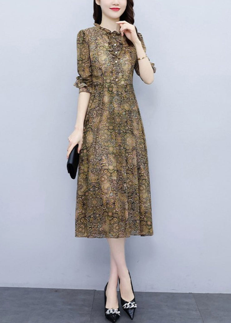 Elegant Ruffled Print High Waist Chiffon Dress Long Sleeve