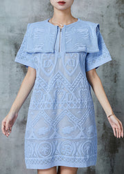 Elegant Sky Blue Sailor Collar Embroidered Lace Dress Summer